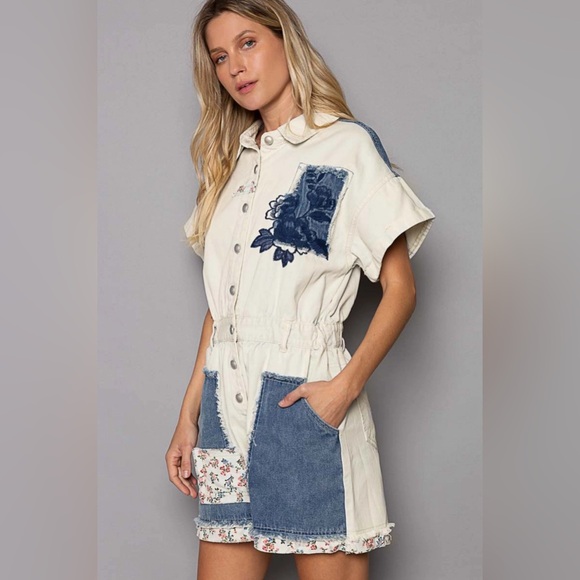 POL Embroidered Patchwork Collar Button Down Color Block Floral Denim Romper - Picture 2 of 4